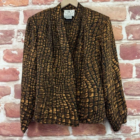 VTG Flora Kung Top Shirt Womens 10 Brown Black Abstract 100% Silk Casual Career - Picture 6 of 8